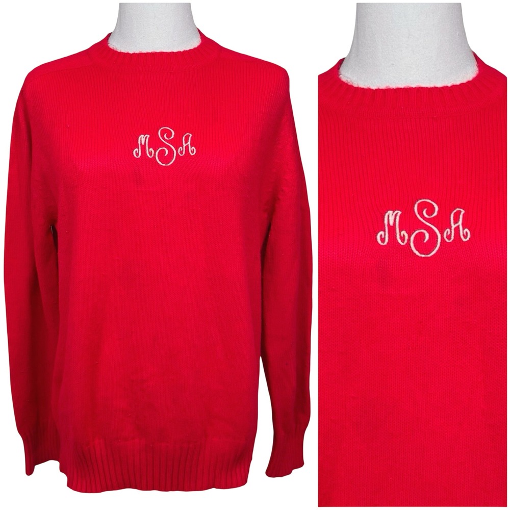 Vintage Tilbury Monogrammed MSA Crewneck Sweater Womens Red Knit Ribbed Trim